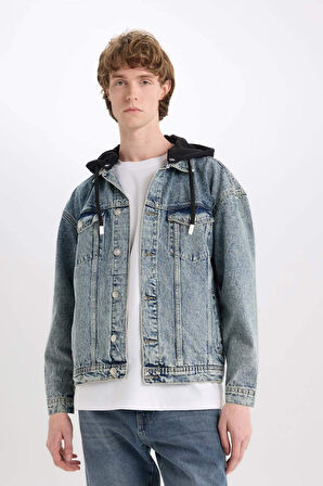Oversize Geniş Kalıp Kapüşonlu Düğmeli Jean Ceket