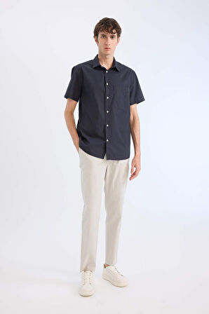 DeFacto %100 Pamuk Regular Fit Yazlık Polo Yaka Keten Görünümlü Kısa Kollu Gömlek D7551AX25SPAR190