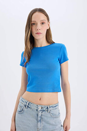 DeFacto Coool Fitted Crop Basic Düz Ribana Kalın Kumaş Kısa Kollu Tişört E0288AX25SMBE758