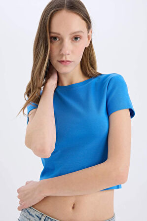 DeFacto Coool Fitted Crop Basic Düz Ribana Kalın Kumaş Kısa Kollu Tişört E0288AX25SMBE758