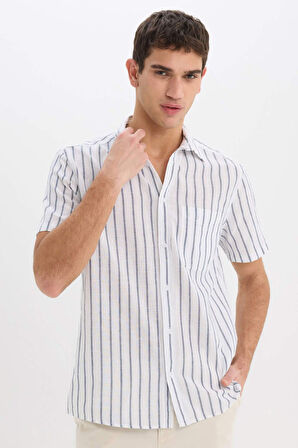 DeFacto Regular Fit Yazlık Polo Yaka Keten Görünümlü Pamuklu Çizgili Kısa Kollu Gömlek D7552AX25SPWT34