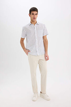 DeFacto Regular Fit Yazlık Polo Yaka Keten Görünümlü Pamuklu Çizgili Kısa Kollu Gömlek D7552AX25SPWT34