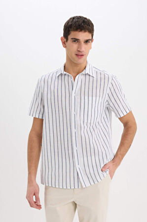DeFacto Regular Fit Yazlık Polo Yaka Keten Görünümlü Pamuklu Çizgili Kısa Kollu Gömlek D7552AX25SPWT34