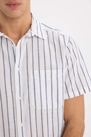 DeFacto Regular Fit Yazlık Polo Yaka Keten Görünümlü Pamuklu Çizgili Kısa Kollu Gömlek D7552AX25SPWT34
