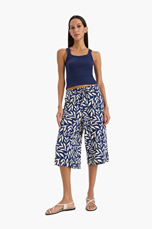 Yüksek Bel Crop Fit Desenli Viskon Kapri