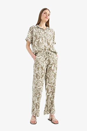 Florida Yüksek Bel Geniş Paça Desenli Viskon Pantolon