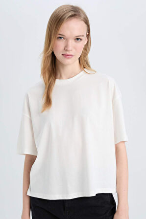 DeFacto Coool Loose Fit Bisiklet Yaka Basic Düz Kalın Kumaş Kısa Kollu Tişört E0291AX25SMWT32