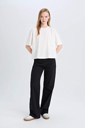 DeFacto Coool Loose Fit Bisiklet Yaka Basic Düz Kalın Kumaş Kısa Kollu Tişört E0291AX25SMWT32
