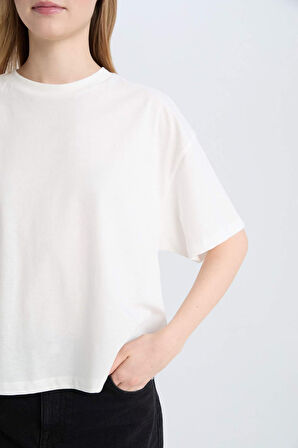 DeFacto Coool Loose Fit Bisiklet Yaka Basic Düz Kalın Kumaş Kısa Kollu Tişört E0291AX25SMWT32