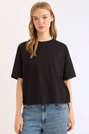 DeFacto Coool Loose Fit Bisiklet Yaka Basic Düz Kalın Kumaş Kısa Kollu Tişört E0291AX25SMBK81