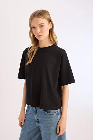 DeFacto Coool Loose Fit Bisiklet Yaka Basic Düz Kalın Kumaş Kısa Kollu Tişört E0291AX25SMBK81