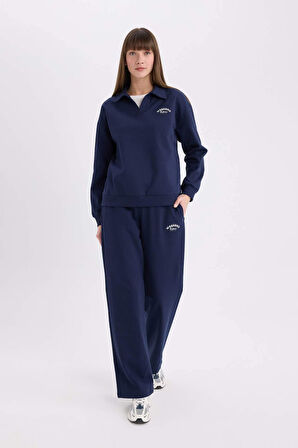 Relax Fit Polo Yaka Baskılı İnce Sweatshirt