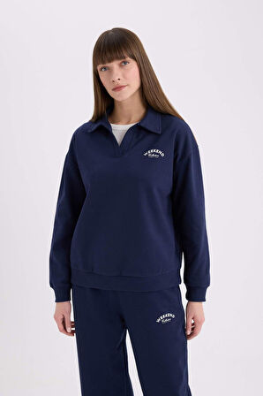 Relax Fit Polo Yaka Baskılı İnce Sweatshirt