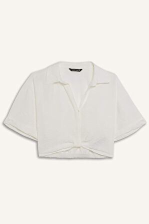 Cropped Fit Gömlek Yaka Keten Görünümlü Kısa Kollu Bluz