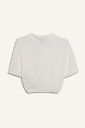 Cropped Fit Gömlek Yaka Keten Görünümlü Kısa Kollu Bluz