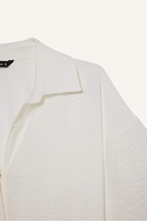 DeFacto Cropped Fit Gömlek Yaka Keten Görünümlü Kısa Kollu Bluz C7799AX25SPWT32