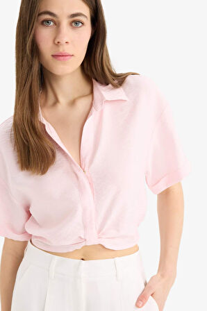 Cropped Fit Gömlek Yaka Keten Görünümlü Kısa Kollu Bluz
