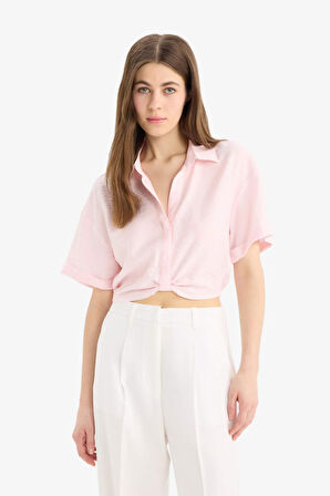 Cropped Fit Gömlek Yaka Keten Görünümlü Kısa Kollu Bluz
