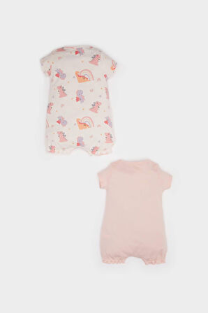 Kız Bebek Yenidoğan Dinazor Baskılı Penye 2'li Kısa Kollu Tulum