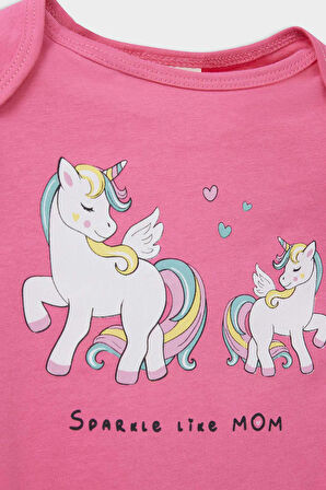 Kız Bebek Yenidoğan Unicorn Baskılı Penye 2'li Kısa Kollu Tulum