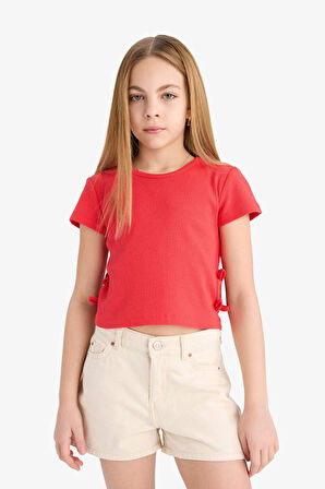 Kız Çocuk Slim Fit Dar Kesim Bisiklet Yaka Fitilli Kaşkorse Kısa Kollu Tişört
