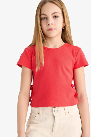Kız Çocuk Slim Fit Dar Kesim Bisiklet Yaka Fitilli Kaşkorse Kısa Kollu Tişört