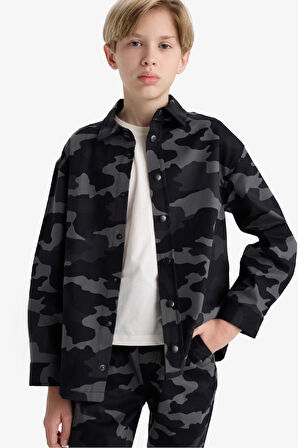 Erkek Çocuk Oversize Geniş Kalıp Polo Yaka Baskılı Gabardin Uzun Kollu Gömlek