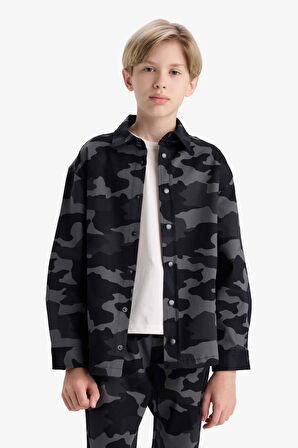 Erkek Çocuk Oversize Geniş Kalıp Polo Yaka Baskılı Gabardin Uzun Kollu Gömlek