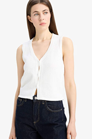 Fitted V Yaka Basic Düz Düğmeli Yelek