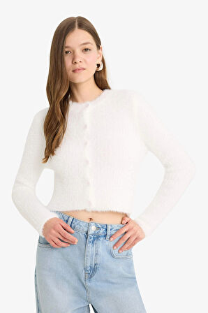 Defacto Z9318AZER98 Ekru Coool Slim Fit Dar Kesim Bisiklet Yaka Triko Hırka