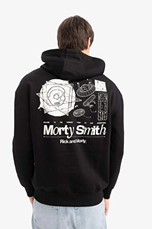 Defacto E9295 Siyah Rick and Morty Boxy Fit Kapüşonlu Sırt Baskılı Sweatshirt