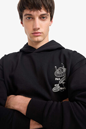 Defacto E9295 Siyah Rick and Morty Boxy Fit Kapüşonlu Sırt Baskılı Sweatshirt