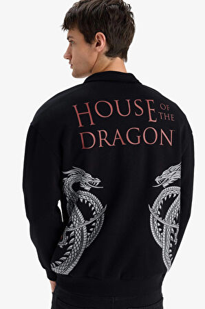 Defacto E9338 Siyah House Of The Dragon Boxy Fit Dik Yaka Fermuarlı Sırt Baskılı Sweatshirt
