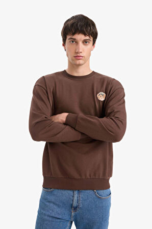 Defacto E6433 Kahve Boxy Fit Bisiklet Yaka Nakışlı Sweatshirt
