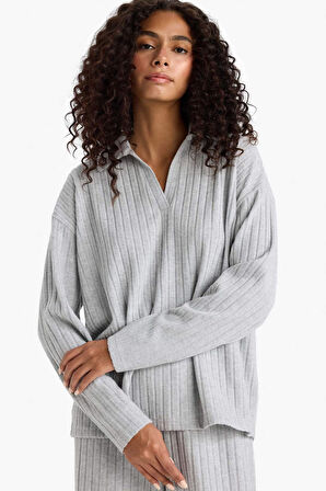 Relax Fit Polo Yaka Fitilli Kaşkorse Uzun Kollu Tişört