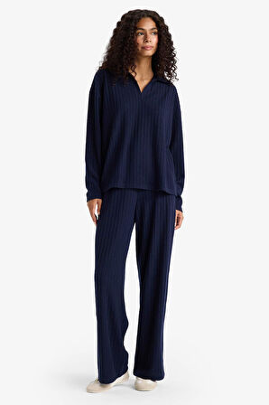 Relax Fit Polo Yaka Fitilli Kaşkorse Uzun Kollu Tişört