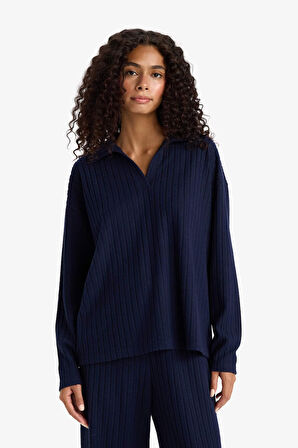 Relax Fit Polo Yaka Fitilli Kaşkorse Uzun Kollu Tişört