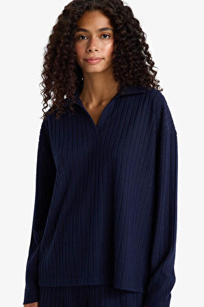 Relax Fit Polo Yaka Fitilli Kaşkorse Uzun Kollu Tişört