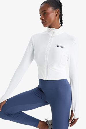 DeFactoFit Slim Fit Dar Kesim Dik Yaka Baskılı Fermuarlı Hırka