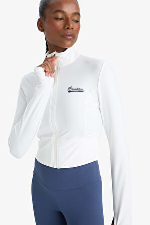 DeFactoFit Slim Fit Dar Kesim Dik Yaka Baskılı Fermuarlı Hırka