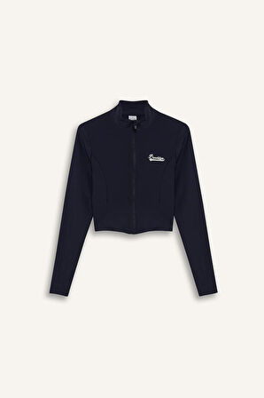 DeFactoFit Slim Fit Dar Kesim Dik Yaka Baskılı Fermuarlı Hırka