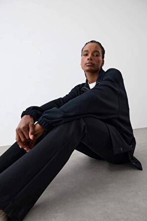 Defacto D1457 Siyah DeFactoFit Long Fit Dik Yaka Fermuarlı Modal Sweatshirt