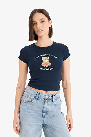 DeFacto Coool Fitted Bisiklet Yaka Fotoğraf Baskılı Ribana Kısa Kollu Tişört E7991AX25SPNV239