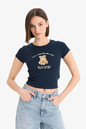 DeFacto Coool Fitted Bisiklet Yaka Fotoğraf Baskılı Ribana Kısa Kollu Tişört E7991AX25SPNV239