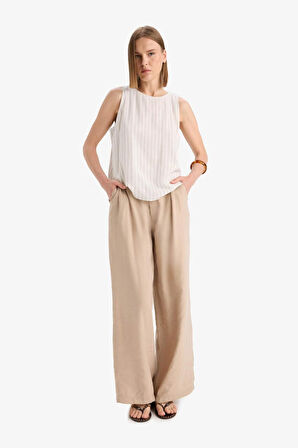 Culotte Yüksek Bel Geniş Paça Pensli Keten Karışımlı Pantolon