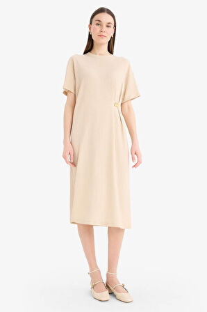 Regular Fit Bisiklet Yaka Basic Düz Bürümcük Kısa Kollu Midi  Elbise