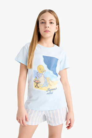 Kız Çocuk Pijama Takımı Baskılı Kısa Kollu Pijama Üstü Esnek Belli Kısa Şort Pijama Altı