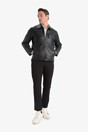 Slim Fit Dar Kesim Polo Yaka Fermuarlı Suni Deri Mont