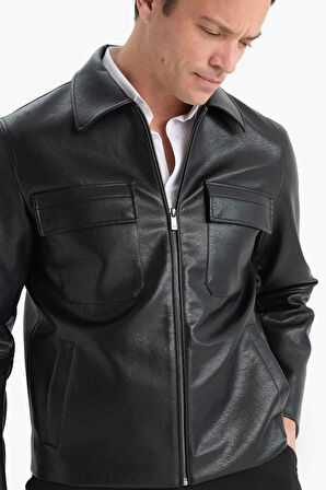 Slim Fit Dar Kesim Polo Yaka Fermuarlı Suni Deri Mont
