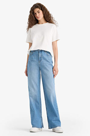 90's Wide Leg Yüksek Bel Uzun Jean Yıkamalı Pantolon